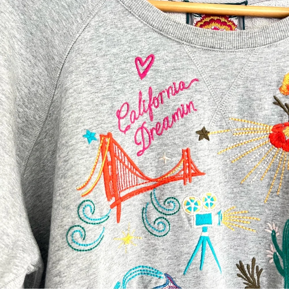 JOHNNY WAS California Raglan Gray Multicolor Embroidery Cotton Sweatshirt Sz XL - Picture 7 of 16